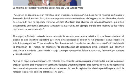 MINISTRA TRABAJO AVANZA OFENSIVA CONTRA LOS FALSOS AUTONOMOS