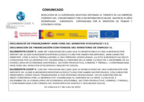 COMUNICADO RESOLUCION SUBVENCION COFINANCIADA POR MINISTERIO TRABAJO Y ECONOMICA SOCIAL